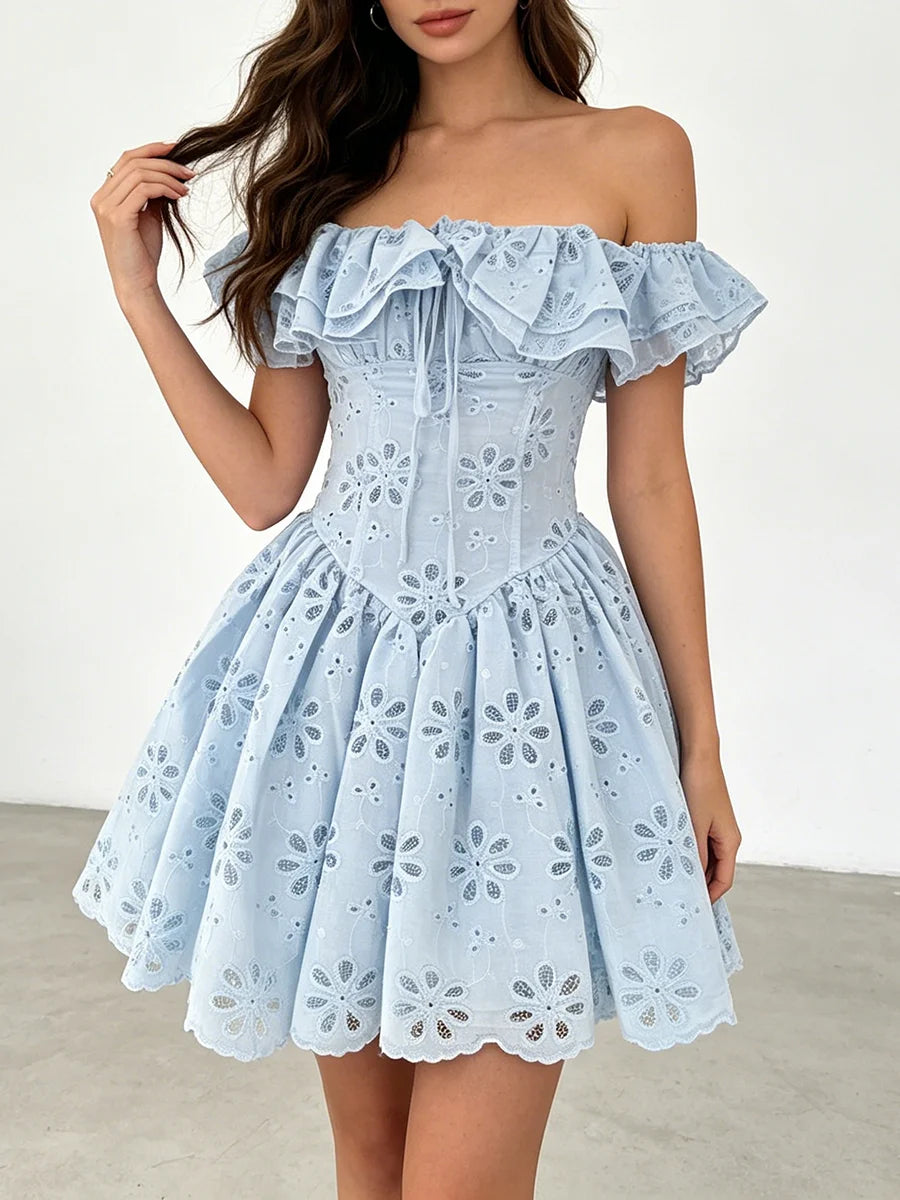 Off-the-shoulder ruffled eyelet mini dress in light blue