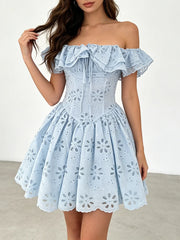 Off-the-shoulder ruffled eyelet mini dress in light blue