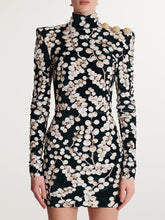 Velvet Beaded Berry Print Mock Neck Dress worn by a model