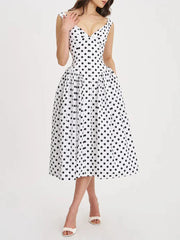 White Polka Dot V-Neck A-Line Midi Dress