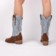 Embroidered Square Toe Block Heel Boots