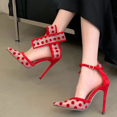 Red Polka Dot Mesh Bow Heels