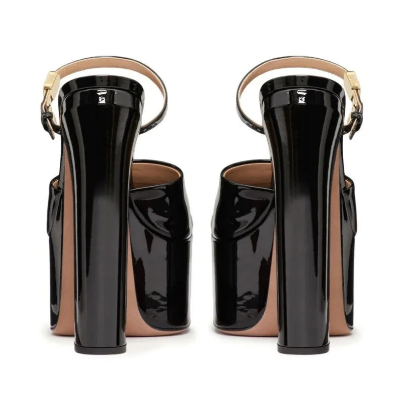 Black high-heeled shoes with tan accents