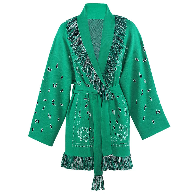 Green robe with bandana pattern and fringe details on a white background
