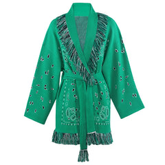 Green robe with bandana pattern and fringe details on a white background
