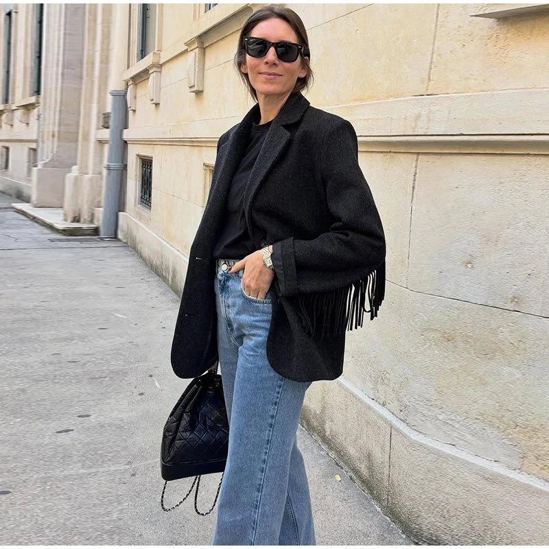 Single-breasted wool coat with sleeve fringe design