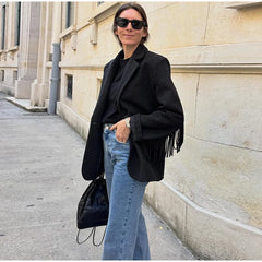 Single-breasted wool coat with sleeve fringe design