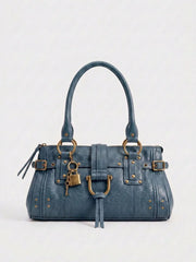 Structured Rivet Lock Shoulder Bag
