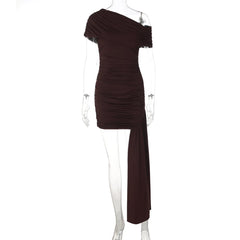 Brown one-shoulder dress on a mannequin against a white background