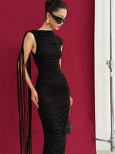 Pleated sleeveless maxi dress with cascading fringe detail