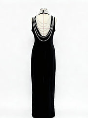 Black Velvet Maxi Dress with Draped Pearl Chain Back