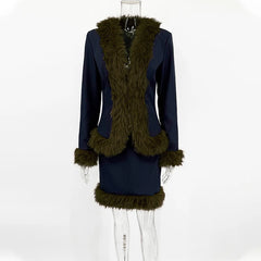 Fur Trim Long Sleeve Coat and Mini Skirt Set