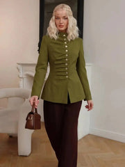 Green ruched mandarin collar blazer