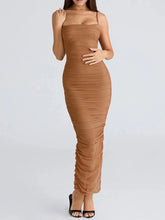 Brown strapless dress worn by a model