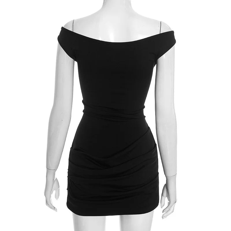Black off-shoulder dress on a mannequin against a white background