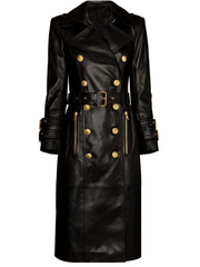 Black Faux Leather Trench Coat with Gold Buttons