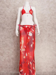 Printed Mesh Maxi Skirt and Bikini Top Swimwear Set