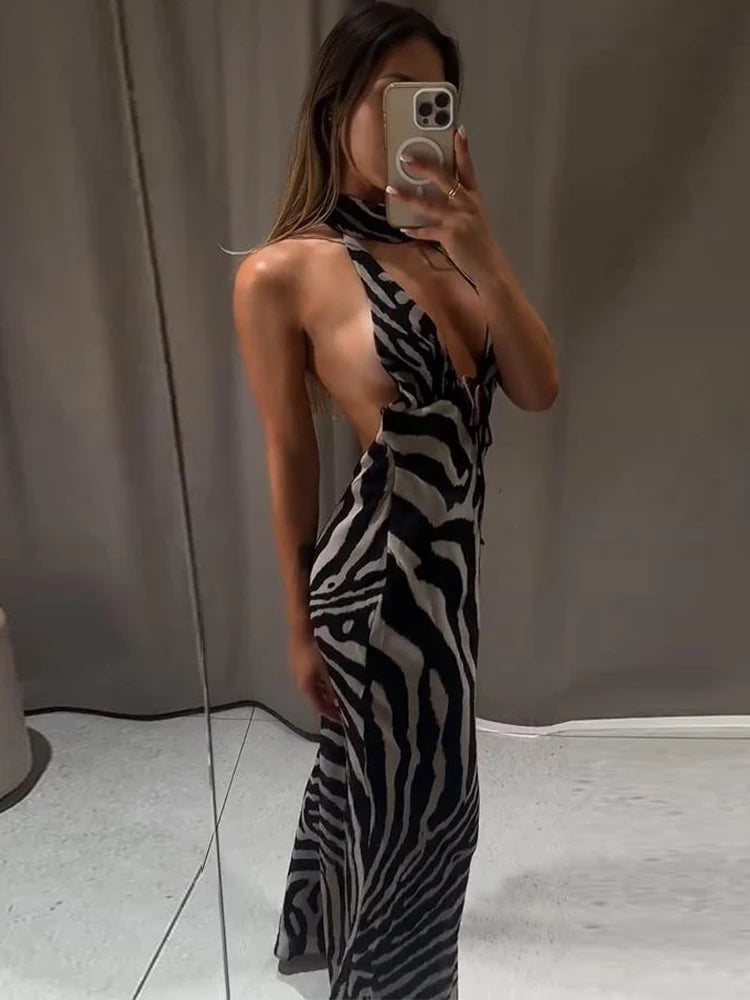 Zebra print halter maxi dress detail view