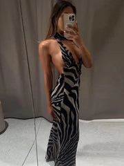 Zebra print halter maxi dress detail view