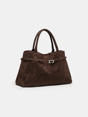 Faux Suede Belted Top-Handle Tote / Shoulder Bag — Chocolate Brown