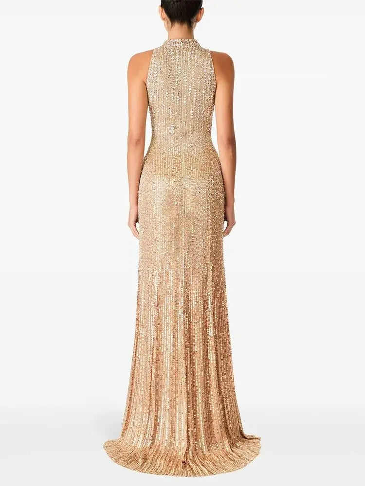 Sleeveless beaded sequin floor length gown back view