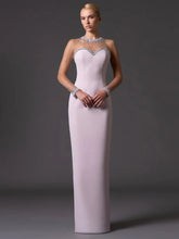 Beaded mesh illusion neckline column gown, front view