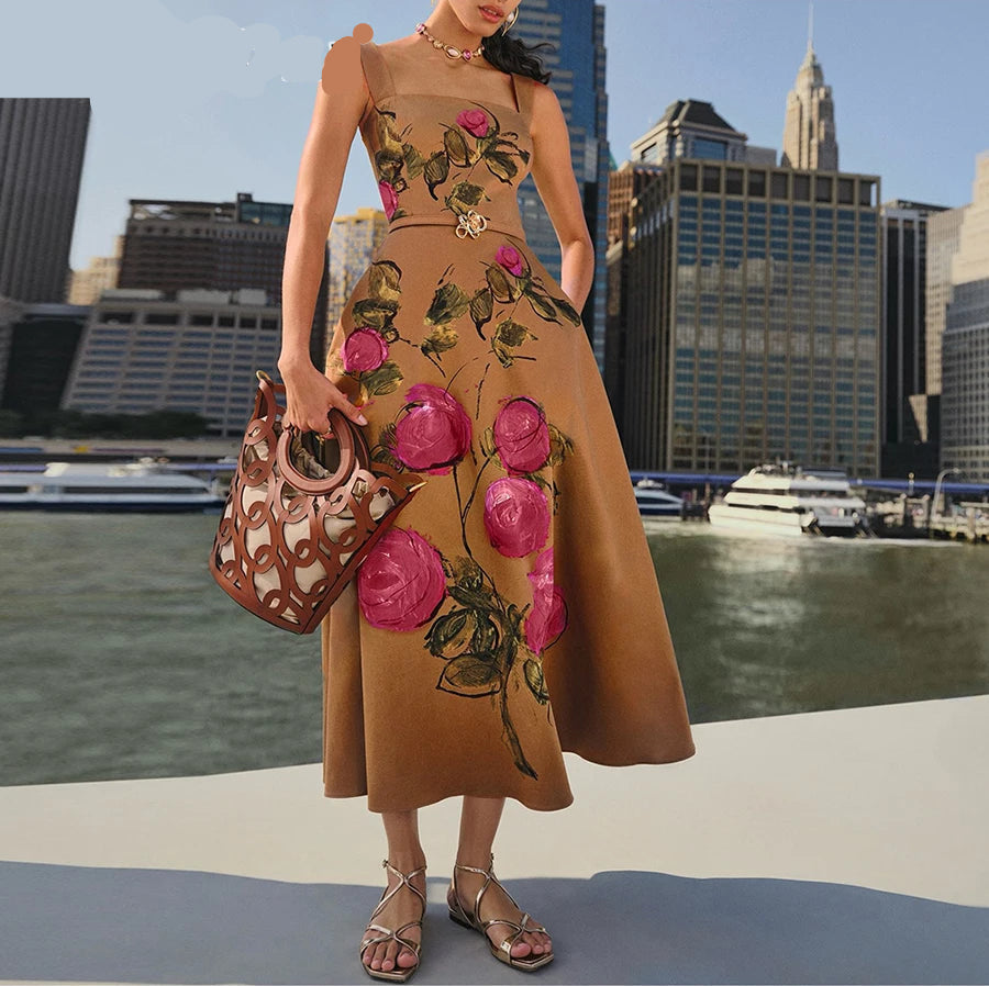 Woman in a floral dress holding a handbag with a cityscape background