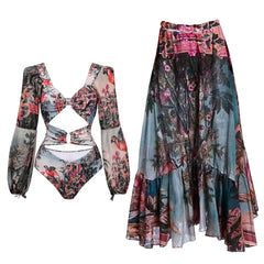 Balloon Sleeve Square Neck Cutout Bodysuit and Print Maxi Skirt Set