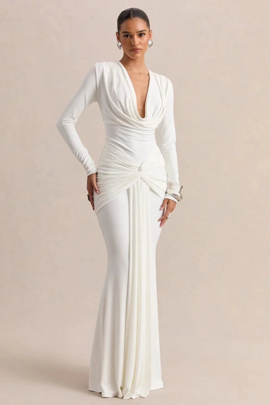 White draped cowl neck long sleeve maxi dress with knotted front detail