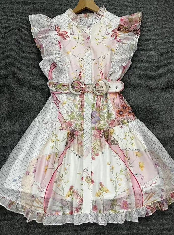 Floral dress with a belt on a dark background