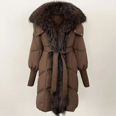 Brown puffer coat with fur hood and belt on a white background