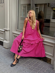 Pink Spaghetti Strap Ruffled Flowy Maxi Dress