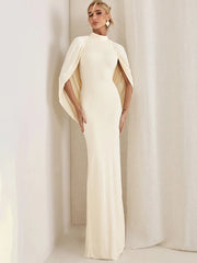 Mock Neck Cape Draped Open Back Maxi Dress