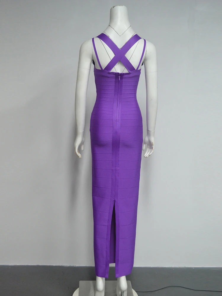 Purple dress with a high slit on a mannequin against a gray background