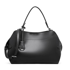 Black handbag with a strap on a white background