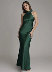Halter Neck Sleeveless Satin Maxi Dress
