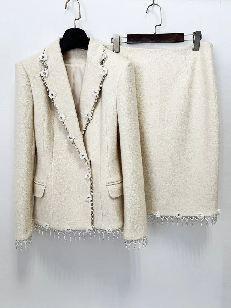 Cream woolen blazer and midi skirt set with floral beaded embellishments