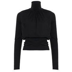 Black long-sleeve top with a ruched waist on a white background