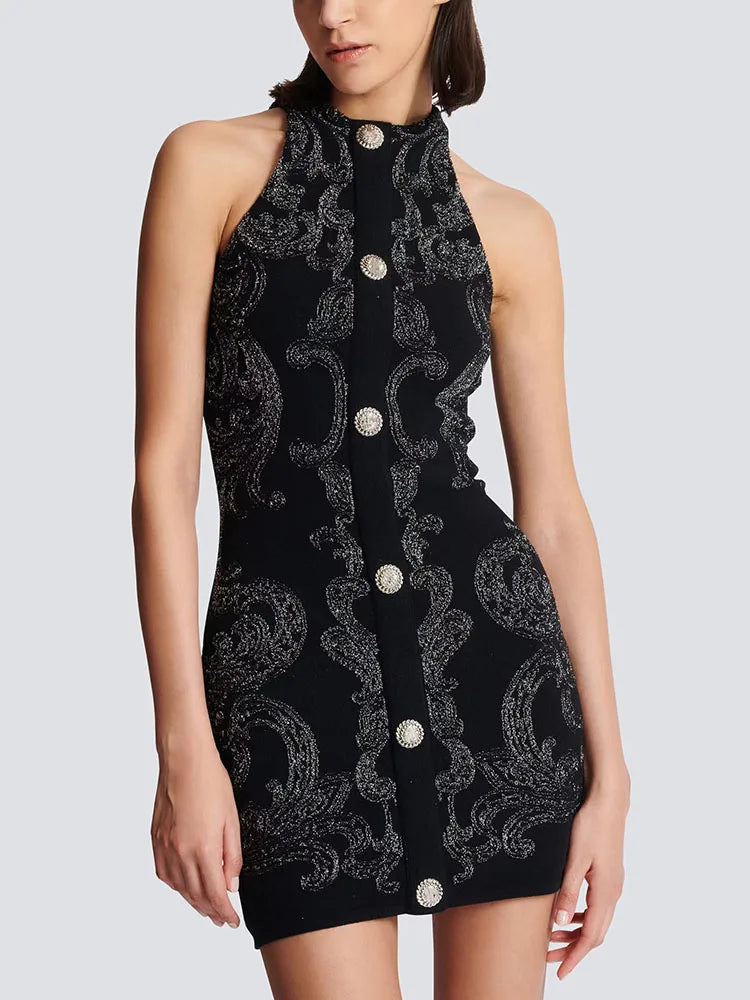 Silk Jacquard Sleeveless O Neck Black Mini Dress
