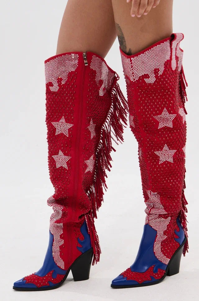 Red and blue fringed boots with star patterns