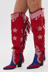 Red and blue fringed boots with star patterns