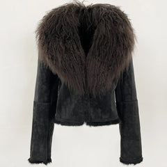 Black suede jacket with fur collar on a white background
