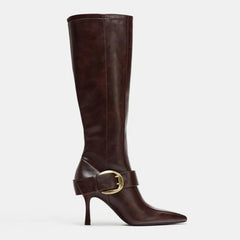 Pointed Toe Stiletto Heel Buckle Knee High Boots