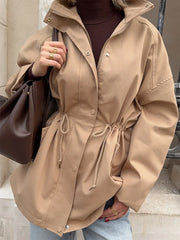 Drawstring Waist Standing Collar Trench Coat