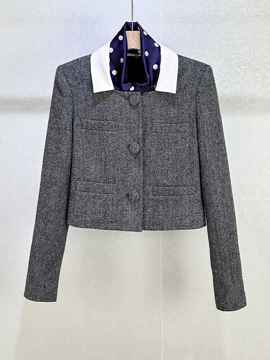 Grey woven two-piece set featuring buttoned jacket and flared skirt