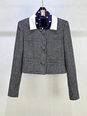 Grey woven two-piece set featuring buttoned jacket and flared skirt