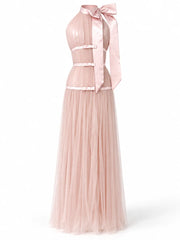 Pink Bow Detail Tulle Maxi Dress