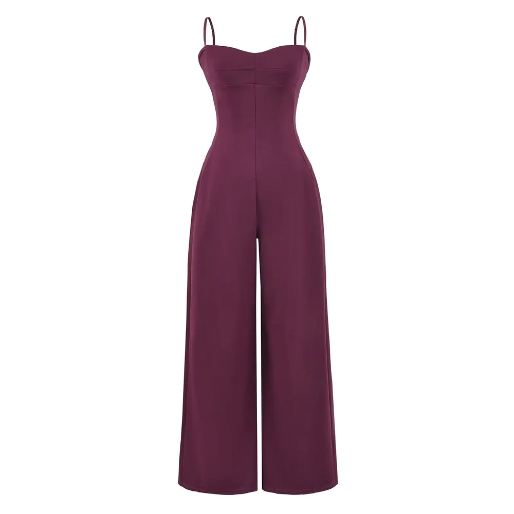 Front view of a black wide-leg jumpsuit.
