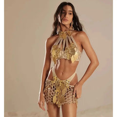 Embellished Mesh Pearls Overall And Skirt and Bikini Top Set