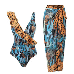 Tie-Strap V-Neck One-Piece Swimsuit with Matching Sarong Set
